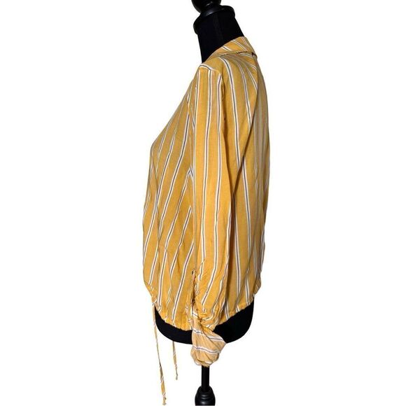 Passport Yellow, Tan & White Striped Button Down Crop Top with Front Tie at Wais - Picture 7 of 9